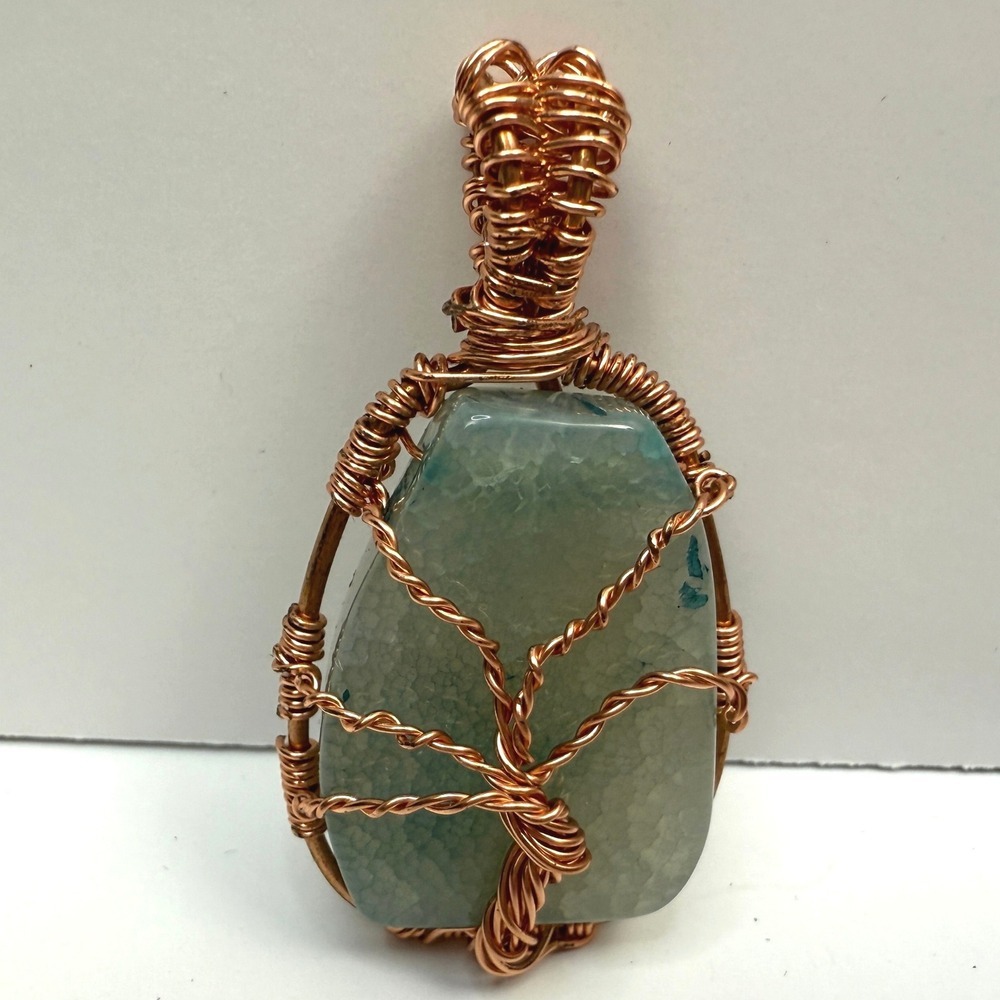 Handmade Wire Wrapped Tree of Life Pendant Olive Glass Stone Fashion Jewelry